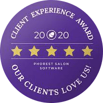 A purple circle with five stars and the words client experience award 2 0 2 0