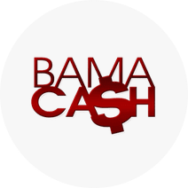 A red and white logo for bama cash.