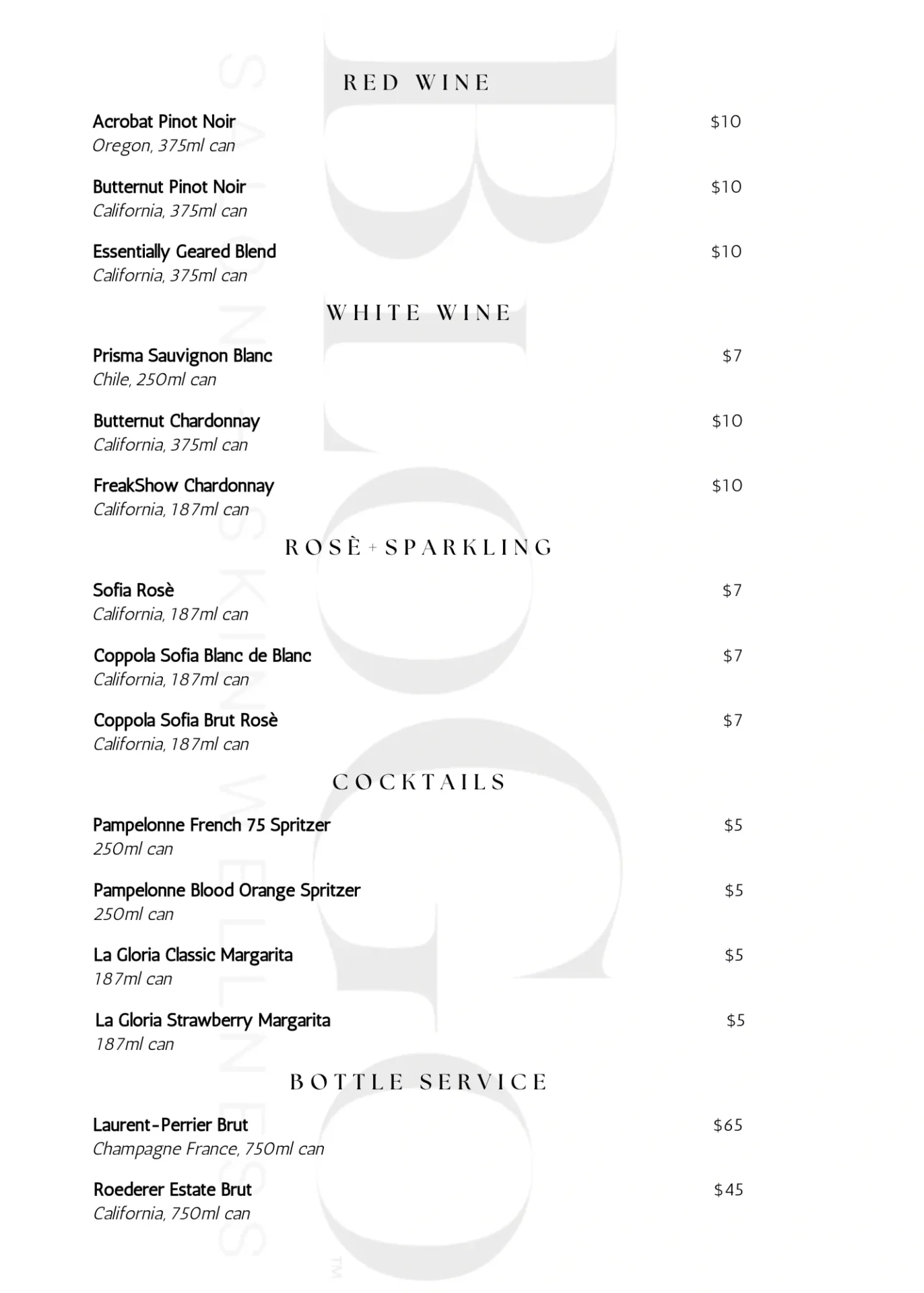 A menu of a restaurant with wine, champagne and cocktails.