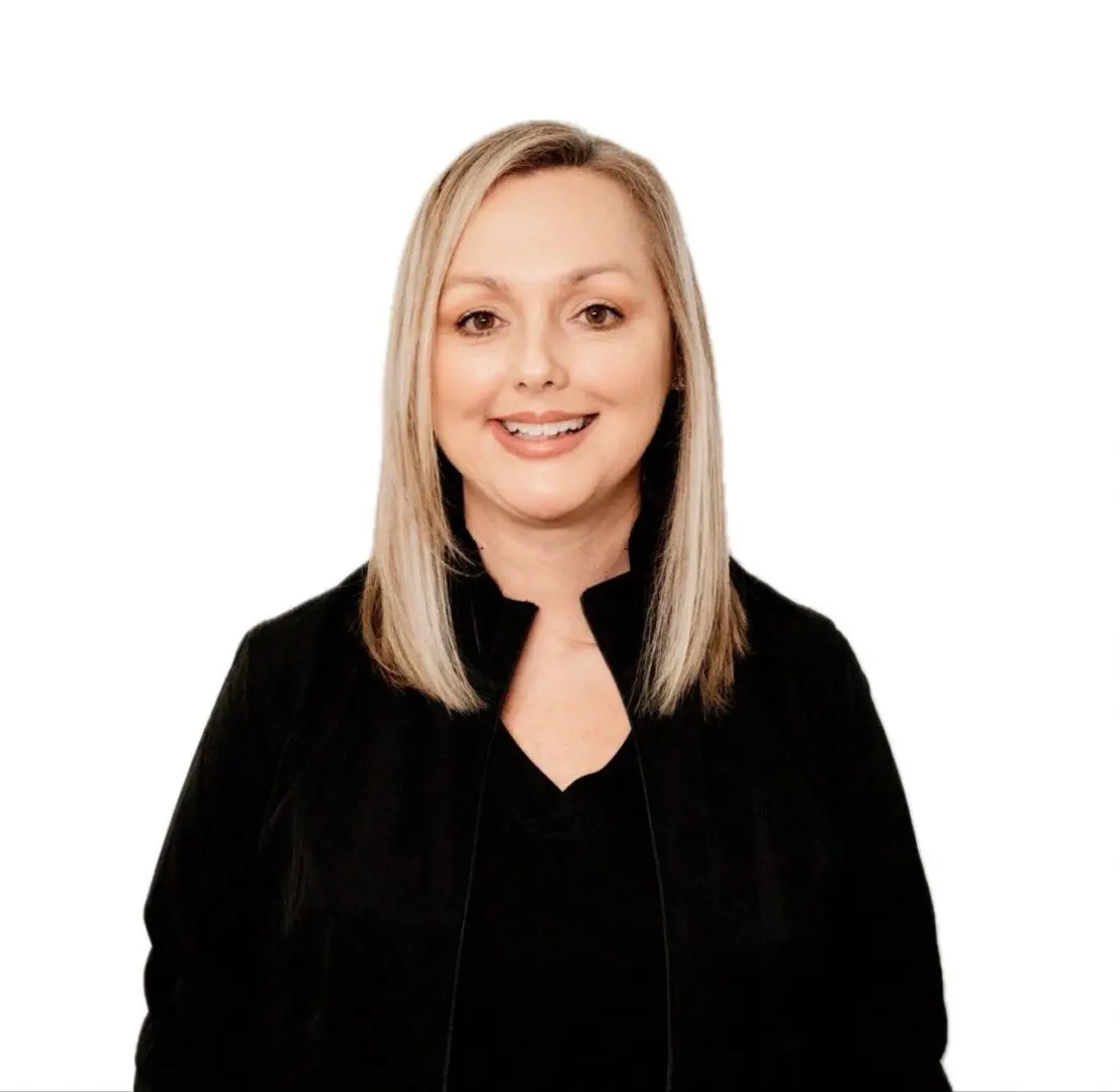 A woman in black shirt and white background