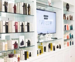 A display case filled with lots of bottles and boxes.