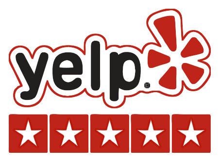 A red and white yelp logo with five stars.